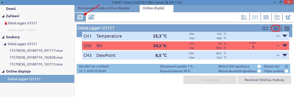 6.2 Online displej zobrazení hodnot Na této záložce jsou zobrazeny aktuální hodnoty získané ze zařízení. Jsou k dispozici dva způsoby prezentace získaných dat. 6.2.1 Zobrazení aktuální hodnoty Jak je vidět na obrázku 19, základem této prezentace dat je zobrazení poslední získané hodnoty.