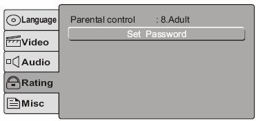 Language = Langue Video = Vidéo Audio = Audio Rating = Contrôle parental Misc = Divers Digital Output = Sortie numérique Night Mode = Mode nuit Down sampling = Échantillonnage DownMix Mode = Mode de