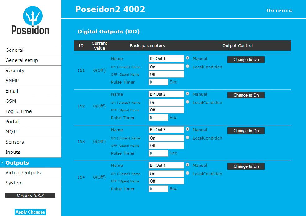 Zvolte režim výstupu: Manual mode: Ovládání výstupu přes WEB nebo M2M protokoly Local Condition mode: Spínání výstupu podle hodnoty nastaveného senzoru 2 Vložte jméno DO výstupu, které bude vypsáno