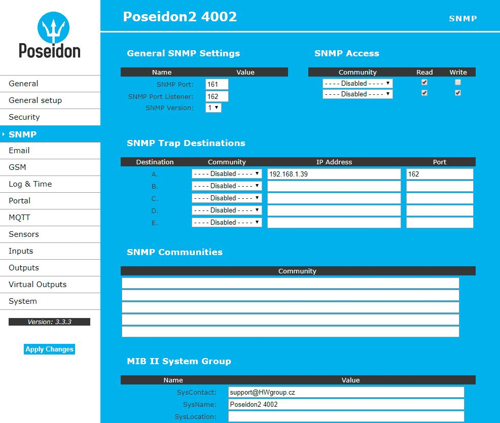 SNMP Access Definuje oprávnění a jméno skupin uživatelů, pro práci se zařízením Poseidon2. User name textový název skupiny, které jsou přiřazena práva (standardně Public a Private).