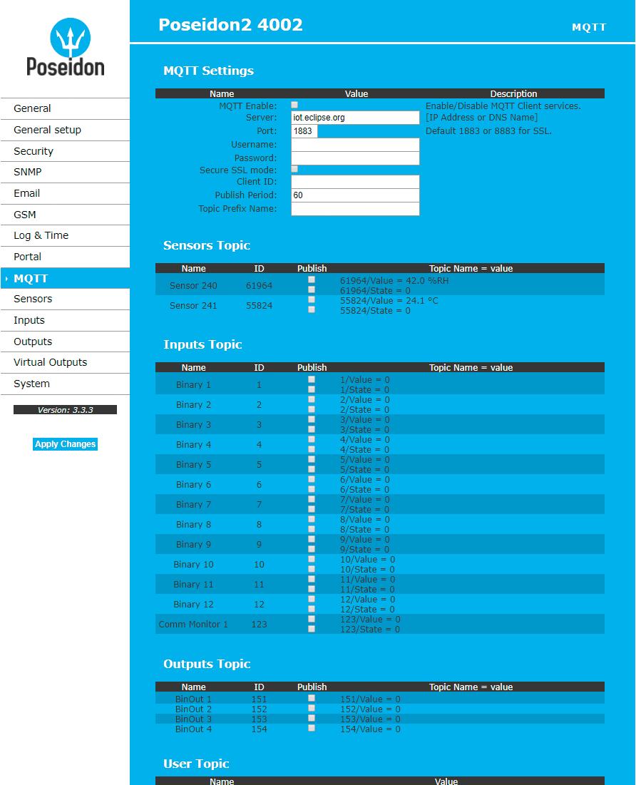 MQTT Slouží pro připojení jednotky Poseidon2 do IoT sétě pomocí protokolu MQTT. MQTT Settings MQTT Enable zapne či vypne funkci odesílání dat protokolem MQTT.