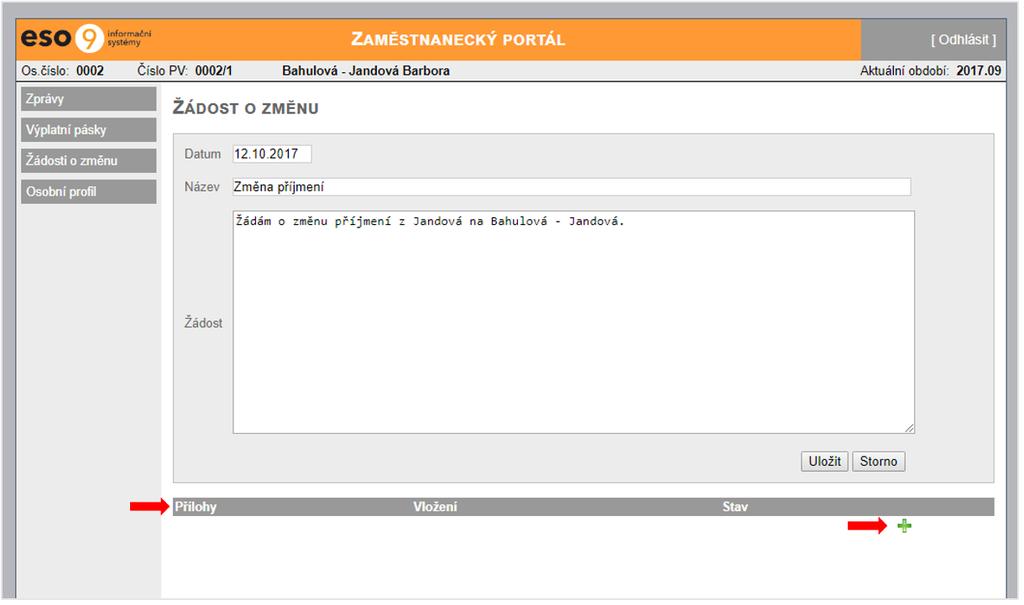 Po vložení požadavku se pod tabulkou zobrazí lišta s možností přidání přílohy.