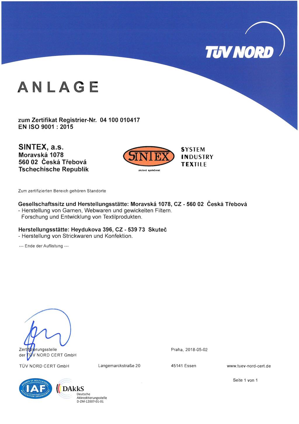 ANLAG E zum Zertifikat Registrier-Nr.