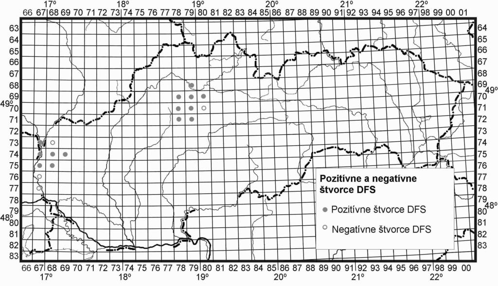 Obr. 1. Kvadráty Databanky fauny Slovenska, v ktorých boli/neboli nájdené pobytové znaky vydry. Fig. 1. Quadrates of the Databank of Slovak fauna in which were/were not found otter signs.