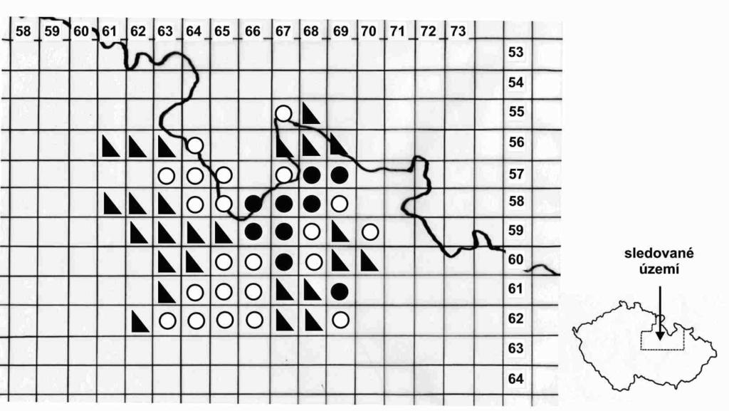 Obr. 1 Prokázaný výskyt vydry říční v centrální části sledovaného území v roce 2002.