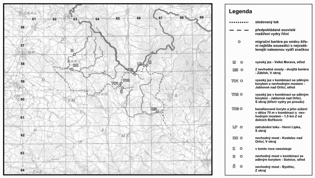 Obr. 2 Předpokládané hranice vydřích metapopulací s ohledem na rozmístění migračních bariér na sledovaných tocích v roce 2002. Vysvětlení symbolů viz. obr.