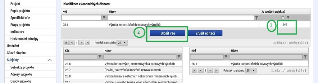 D. Příznak Je součástí projektu 1) Po stisknutí tlačítka Editovat vše, se Vám zobrazí check box Je součástí projektu. Po kliknutí na check box se zobrazí zatržítko.