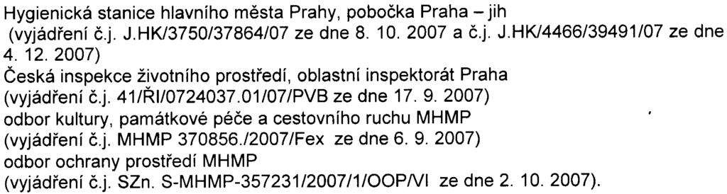 3 Hygienická stanice hlavního mìsta Prahy, poboèka Praha - jih (vyjádøení è.j. J.HK/3750/37864/07 ze dne 8. 10. 2007 a è.j. J.HK/4466/39491/07 ze dne 4. 12.