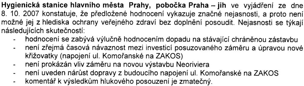 V souvislosti s pøedloženým zámìrem by bylo vhodné na ploše železnièní stanice Modøany navrhnout novou železnièní zastávku. Z hlediska odkanalizování a vodních tokù není zásadních pøipomínek.