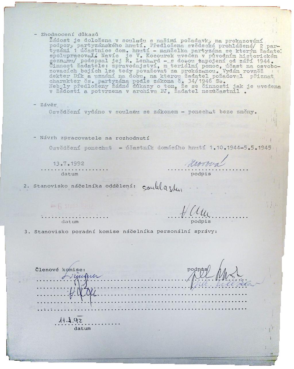 Dokument 9: Zdůvodnění MNO z roku 1992 o ocenění Václava Kocourka dle zák. č. 255/46 Sb. VÚA-VHA VÚA-VHA, Sbírka 255, os. č. 301029-85 (Kocourek V.