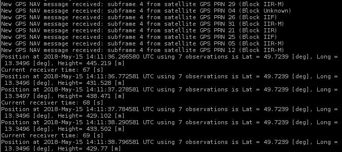 Obr. 6.9: Výpis programu GNSS-SDR při určení polohy. 6.3.