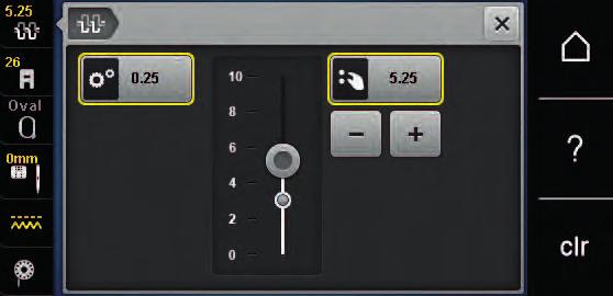 Vyšívání Předpoklad: Napětí horní nitě bylo změněno v programu Nastavení. > Dotkněte se ikony «Napětí horní nitě». > Napětí horní niti snížíte nebo zvýšíte pohybem posuvníku dotykovým perem/prstem.
