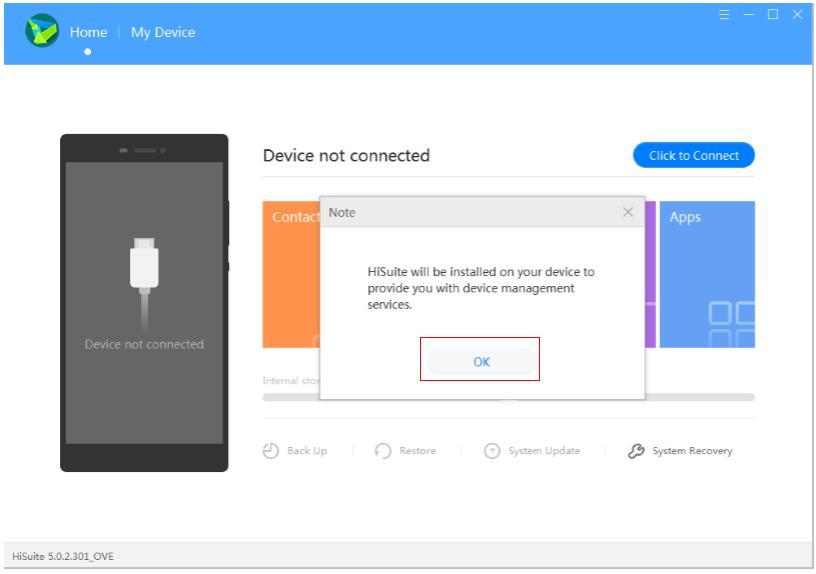 3 Kliknutím na OK nainstalujte HiSuite na telefon (pokud telefon sadu