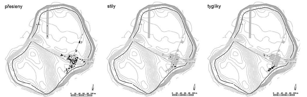 Obr. 3. Libice nad Cidlinou akropole. Distribuce vybraných nálezů (přesleny, stily, tyglíky). Podle Mařík Košta 2010 inventárních kartách, byl doposud digitalizován přibližně u jedné pětiny záznamů.