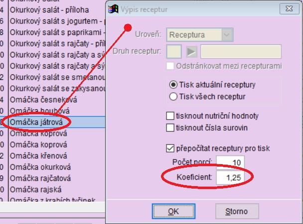 Tisk kuchařky s možností volby koeficientu pro navýšení množství surovin V tabulce Receptury je možné tisknout tzv. kuchařku pro výpis předpokládaného množství surovin podle zadaného počtu strávníků.