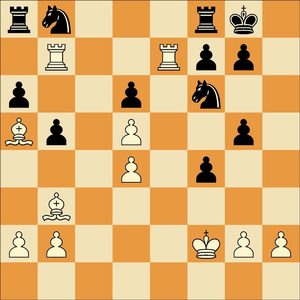 b3 b6 S oboustrannými šancemi. ] 13.xd6 cxd6 Diagram 14.e7! Omezení černého dámského jezdce. b6 15.d2 f5 16.h4 [ 16.