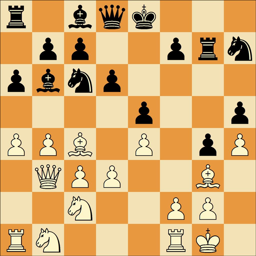 ..a5 Nyní byla pro černého vhodná chvíle zbrzdit křídelní hru bílých figur. ] 14.e1 [ 14.xe5! Přechodnou obětí figury by bílý získal potřebnou protihru. xe5 15.a5 ] 14...a6 15.