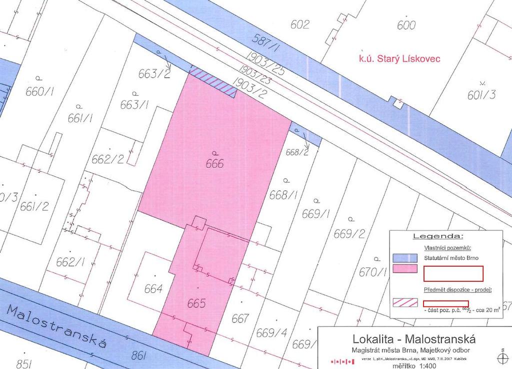 17. prodej části pozemku p. č. 663/2 k. ú. Starý Lískovec o výměře 20 m² JUDr.