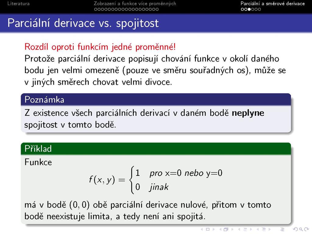 Parciální derivace vs. spojitost Rozdíl oproti funkcím jedné proměnné!