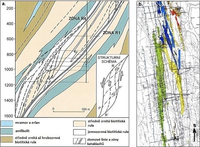 Obrázek č. 2 Schematizovaný geologický rež uranovým ložiskem Rožná (a. nárys, b. půdorys) [2] 3.3 Vývoj 1. zóny pod 19. patrem 1. zóna pod 19. patrem je hlavní tektonickou linii ložiska.