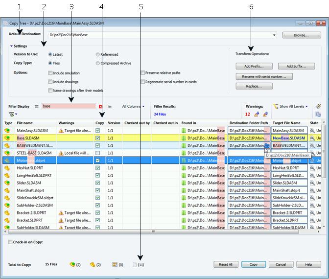 SOLIDWORKS Enterprise PDM V dialogovém okně Kopírovat strom: 1. Pole Výchozí cíl zobrazuje umístění aktuální složky vybraného souboru.