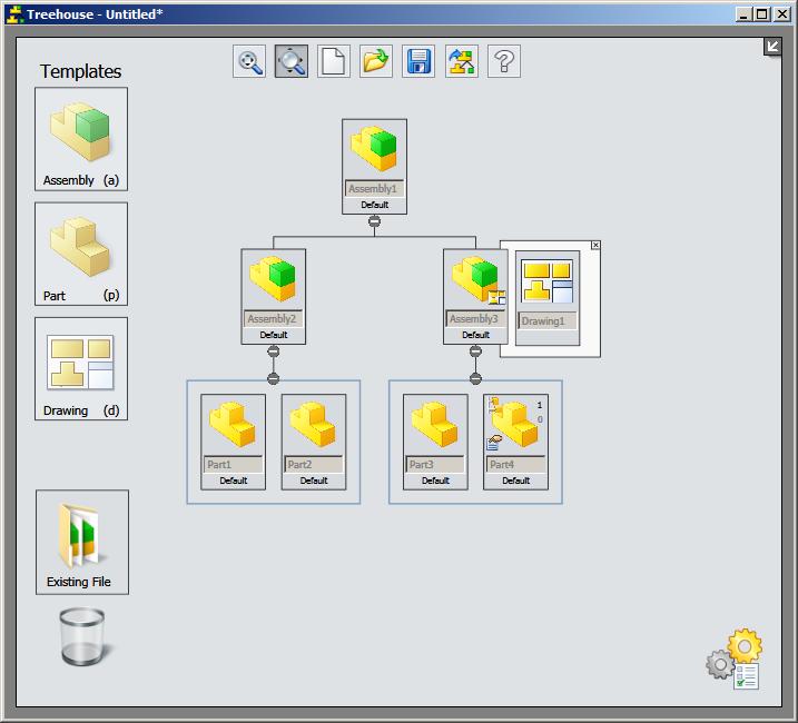 Sestavy Treehouse Pomocí nástroje Treehouse můžete v grafickém uživatelském rozhraní vytvářet strukturu souborů ještě předtím, než začnete sestavovat v aplikaci SOLIDWORKS modely.