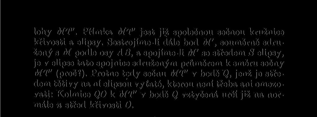 Protne tedy sečnu MT' v bodě Q, jenž je středem tětivy na ní elipsou vyťaté, kterou není třeba ani omezovati: Kolmice QO k MT' v bodě Q vztyčená určí již na normále n střed křivosti 0. Úloha 22.