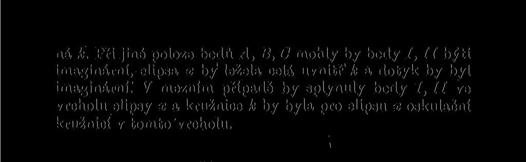 V mezním případě by splynuly body I, II ve vrcholu elipsy x a kružnice k by byla pro elipsu x oskulační kružnicí v tomto