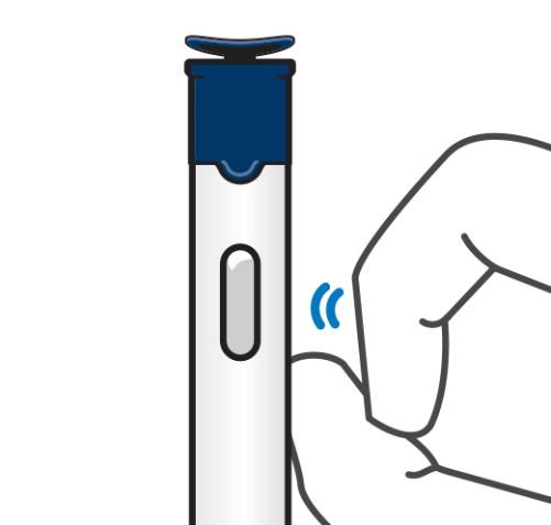 Poklepem dostaňte bubliny nahoru Držte předplněné pero svisle modrým víčkem nahoru. Na předplněné pero jemně poklepávejte prstem poblíž kontrolního okénka. Tím se bubliny dostanou nahoru.