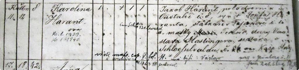 Příloha 16 Narození Karolíny Harantové 11. května 1864 v Ústalči 8 Zápis o narození Karolíny Harantové Přepis: Dne 11. května /1864/ se narodila a 12.