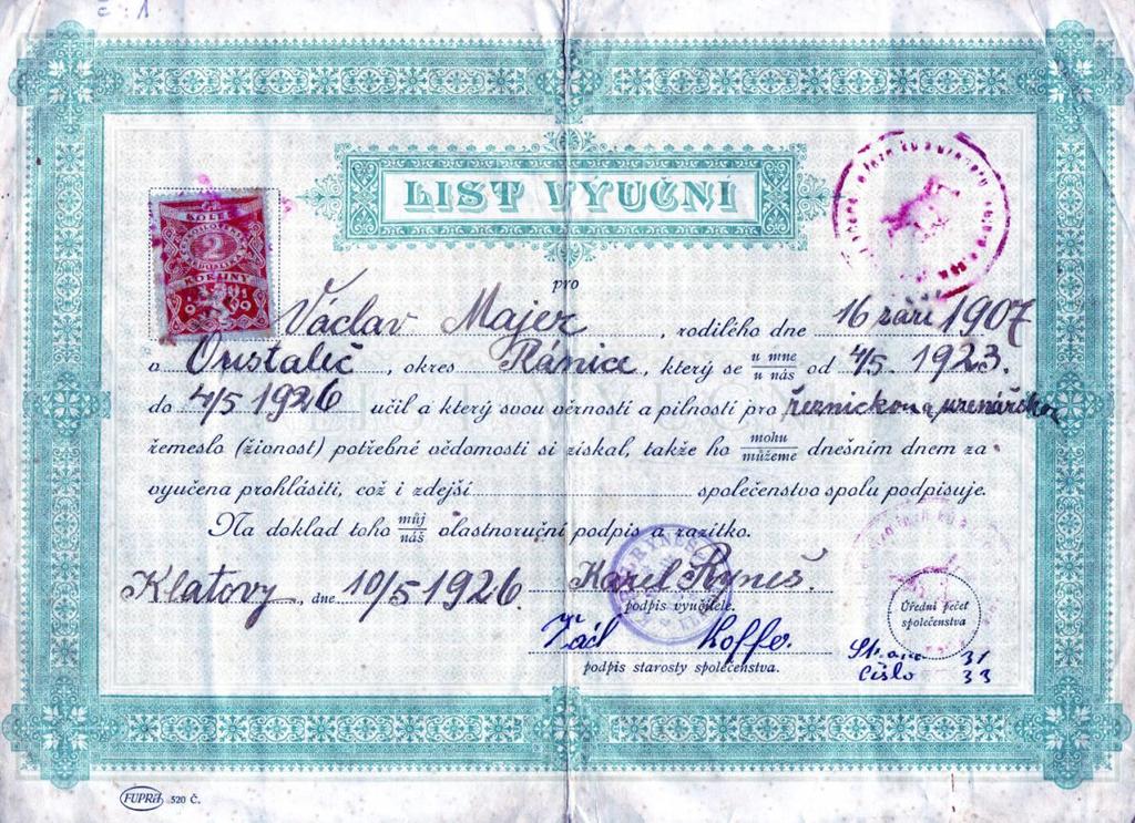 Příloha 19 Výuční list Václava Majera (1907) Výuční list Václava Majera,