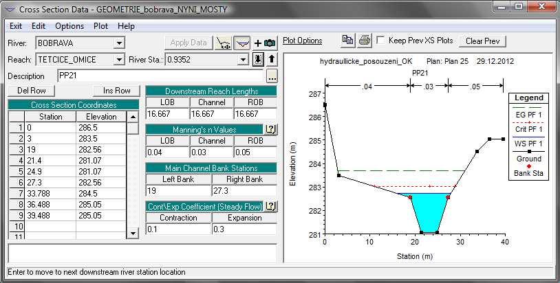 Cont\Exp Coefficient (SteadyFlow) Součinitel místních ztrát (rozšíření\zúžení) byl ponechán nastavením HEC-RAS. CrossSectionCoordinates Zde byla vkládána geometrie příčného profilu.