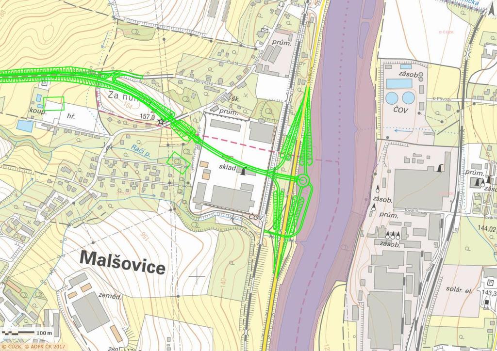 Obr. 5: Varianta C Malšovická. Poloha záměru vůči EVL Porta Bohemica detail územního střetu záměru s EVL Obr. 6: Varianta C Malšovická.