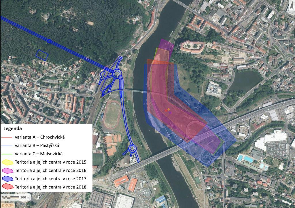 Obr. 14: Detail koncové části přeložky silnice I/13 ve variantě B Pastýřské vs. vymezení bobřího teritoria v ústí Ploučnice.