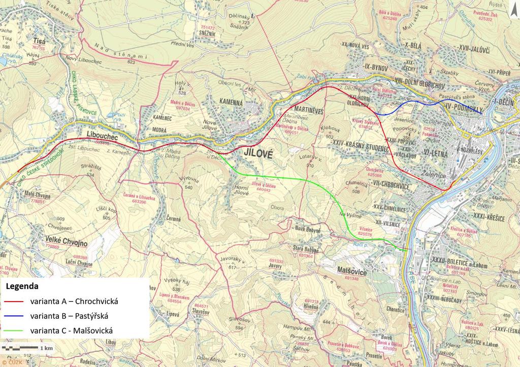 Obr. 1: Trasy navrhovaných variant přeložky silnice I/13 v úseku Děčín D8 (Knínice), situační mapka.