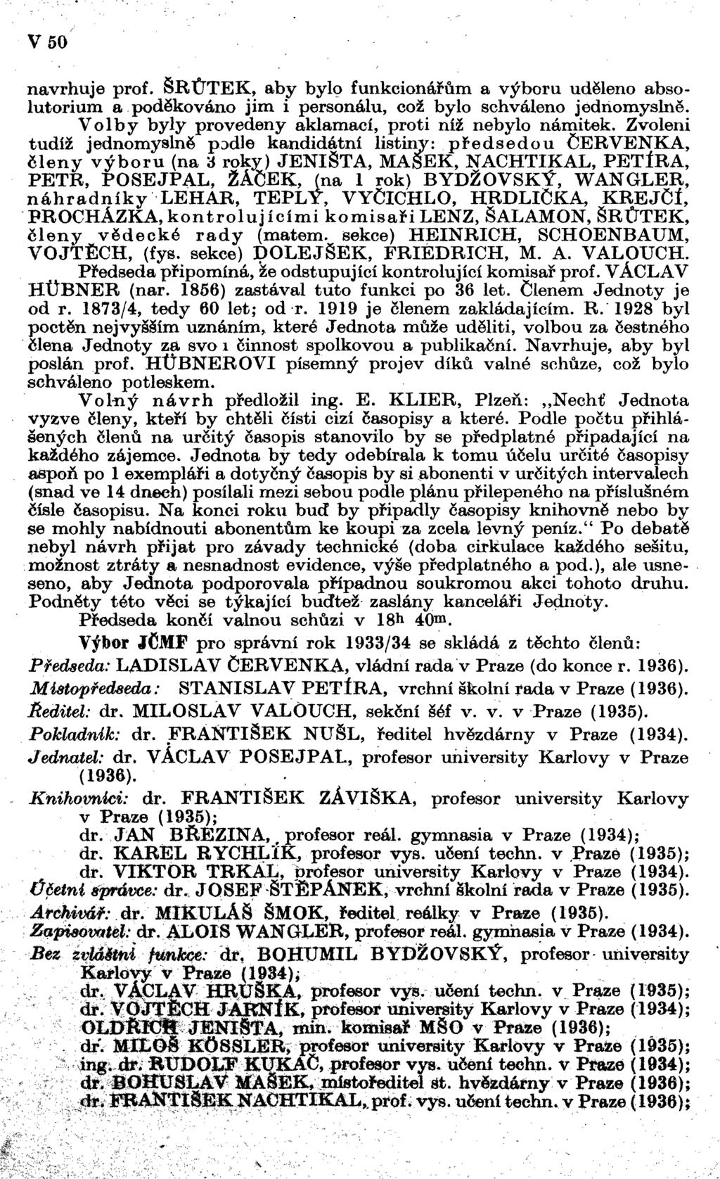 V 50 navrhuje prof. ŠRŮTEK, aby bylo funkcionářům a výboru uděleno absolutorium a poděkováno jim i personálu, což bylo schváleno jednomyslně. Volby byly provedeny aklamací, proti níž nebylo námitek.