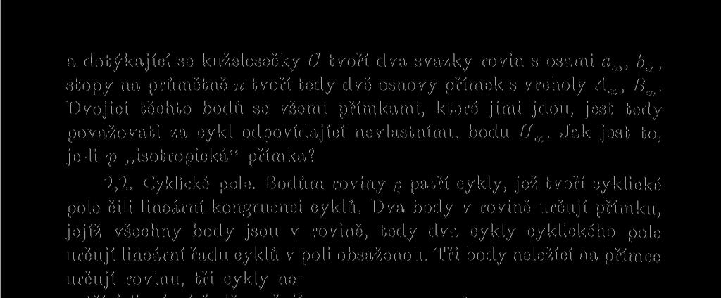 Tři body neležící na přímce určují rovinu, tři cykly nepatřící lineární řadě, určují cyklické pole. Jeho nulové cykly vyplňují stopu p e roviny Q, již budeme nazývati osou cyklického pole.