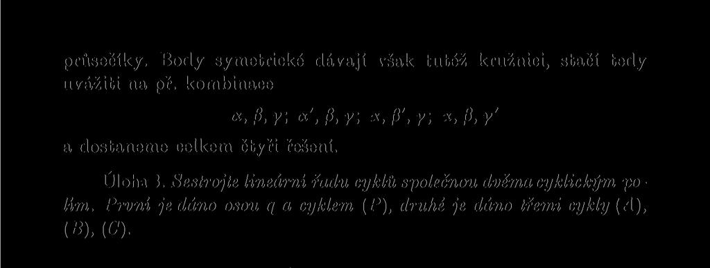 průsečíky. Body symetrické dávají však tutéž kružnici, stačí tedy uvážiti na př. kombinace tx, P,y; <x',p,y; v,p',y; a dostaneme celkem čtyři řešení. x,p,y' Úloha 3.