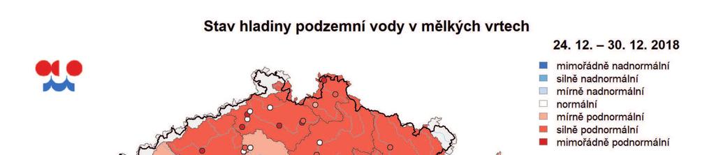 Mapa ukazuje stav podzemní vody ve sledovaných vrtech a oblastech povodí dle pravděpodobnosti překročení úrovně hladin v daném týdnu v referenčním období 1981 2010 (viz text).