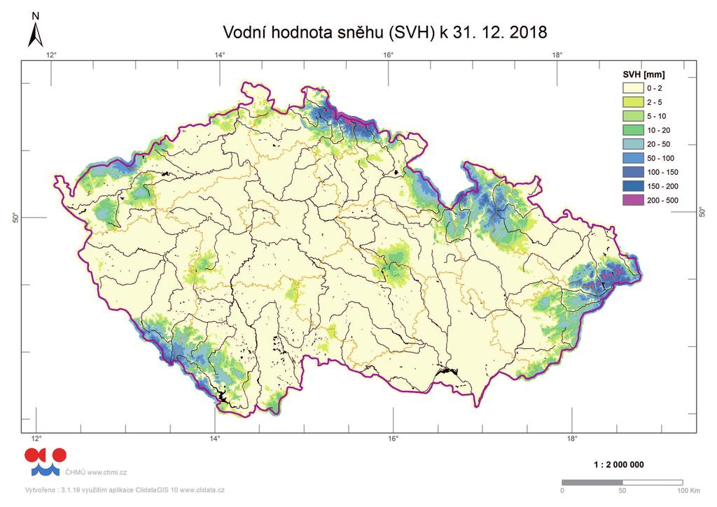 Odhad celkového množství vody ve sněhové pokrývce na území ČR k 31. 12. 2018 činí cca 0,473 mld. m3, což představuje v průměru cca 6 mm (6 litrů na jeden metr čtvereční).