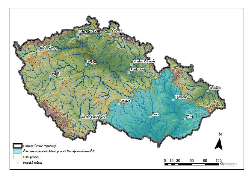 3. Vymezení části mezinárodní oblasti povodí Dunaje na území České republiky Část mezinárodní oblasti povodí Dunaje na území České republiky zaujímá 21 688 km 2, což představuje 2,7 % z celkové
