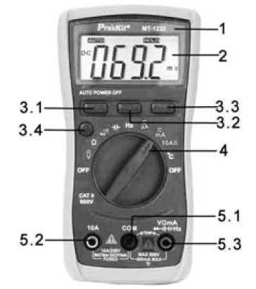 Přístrojový Panel & Popis Tlačítek Funkcí 1. Číslo Modelu Přístroje 2. LCD Displej: Zobrazuje měřenou hodnotu a jednotku. 3. Tlačítko Funkcí 3.1 HZ/Duty (Frekvence/Duty Cyklus).