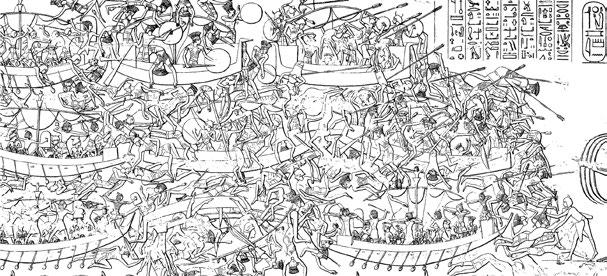 26 ÚVOD Námořní bitva s Mořskými národy v Medínit Habu Třebaže o původu ani motivech nájezdníků nevíme nic, víme, jak vypadali jejich jména a tváře vidíme vytesané do stěn zádušního chrámu Ramesse