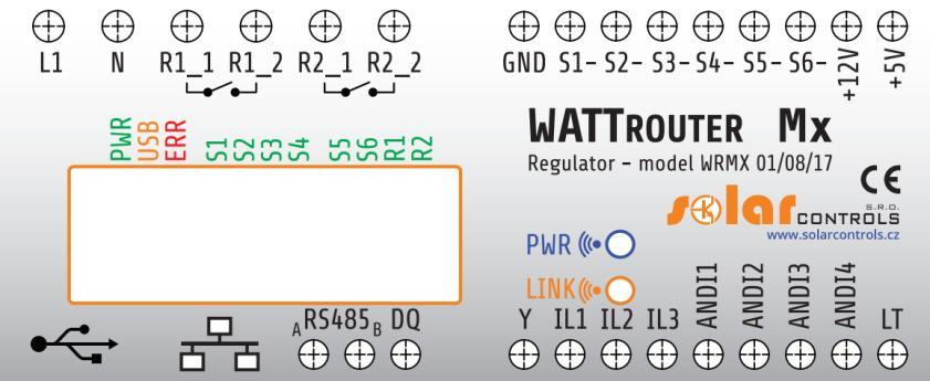 Obrázek 1: Popis konektorů a LED (pohled shora). Pro variantu MAX je zapojení totožné. Popis svorek regulátoru: Horní levá svorkovnice (tato jedině akceptuje síťové napětí!
