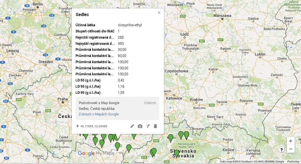 Obr. 4 - Po kliknutí myší na ikonu lokality (lze klikat přímo na body v mapě nebo na názvy lokalit v legendě) se zobrazí detail o konkrétní testované populaci: uvedena je kontaktní laboratorní