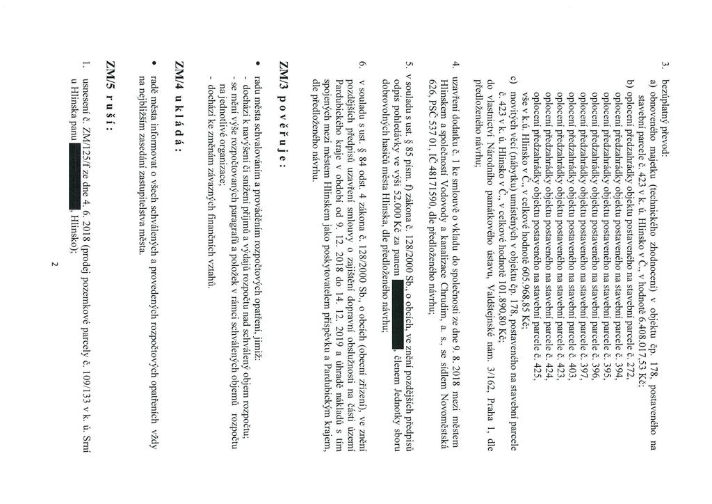3. bezúplatný převod: a) obnoveného majetku (technického zhodnocení) v objektu čp. 178, postaveného na stavební parcele Č. 423v k. ú. Hlinsko vc., v hodnotě 6.408.