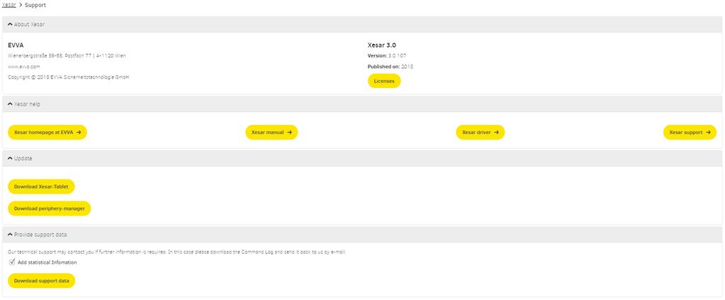 5.6 Podpora Obrázek 204: Podpora Software Xesar nabízí následující možnosti podpory: Obrázek 205: Podpora k systému Xesar 5.6.1 O systému Xesar U části Impressum společnosti EVVA se zobrazuje aktuálně nainstalovaná verze softwaru Xesar.