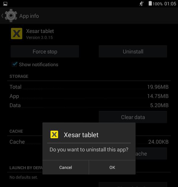 4. krok: Klikněte na možnost OK. Obrázek 109 Tablet Xesar: Odinstalace aplikace OK 5. krok: Smažte soubor.