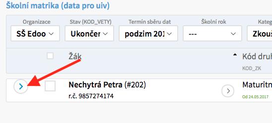 6) Pokud studenti složili úspěšně zkoušku v září, musíme jim dodat příslušný stav absolvent nastavíme filtry následně: kategorii údajů = Zkoušky; Stav = Ukončené vzděl.bez absol.