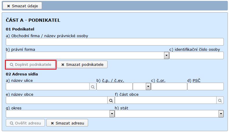 Záložka <Živnosti> obsahuje formulář pro vyplnění ohlášení živnosti / žádosti o koncesi.